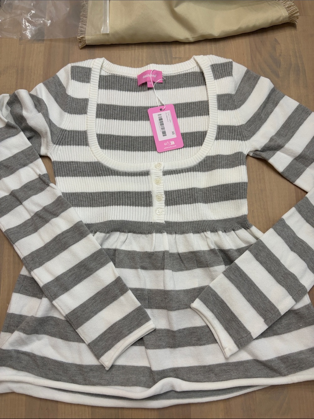 Edikted Gray and White Ribbed Stripe Button-Front Top